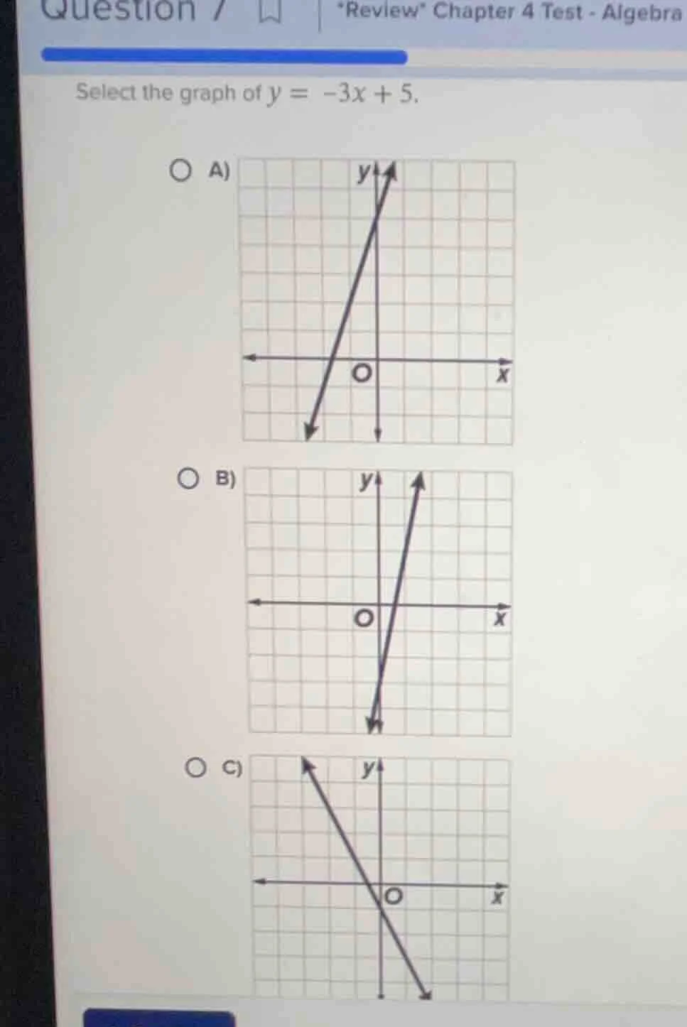 question 7 *review* chapter 4 test - algebra select the graph of $y = -…