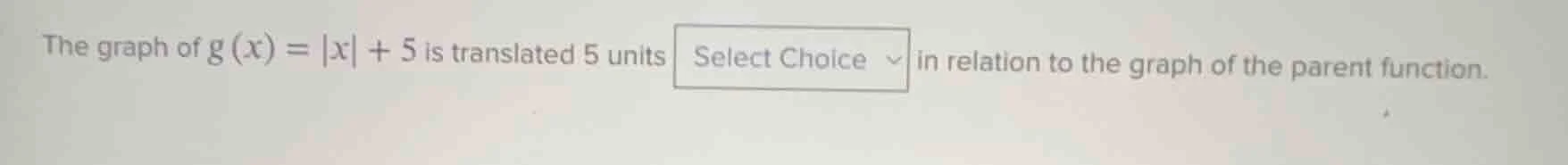 the graph of g(x) = |x| + 5 is translated 5 units select choice in rela…