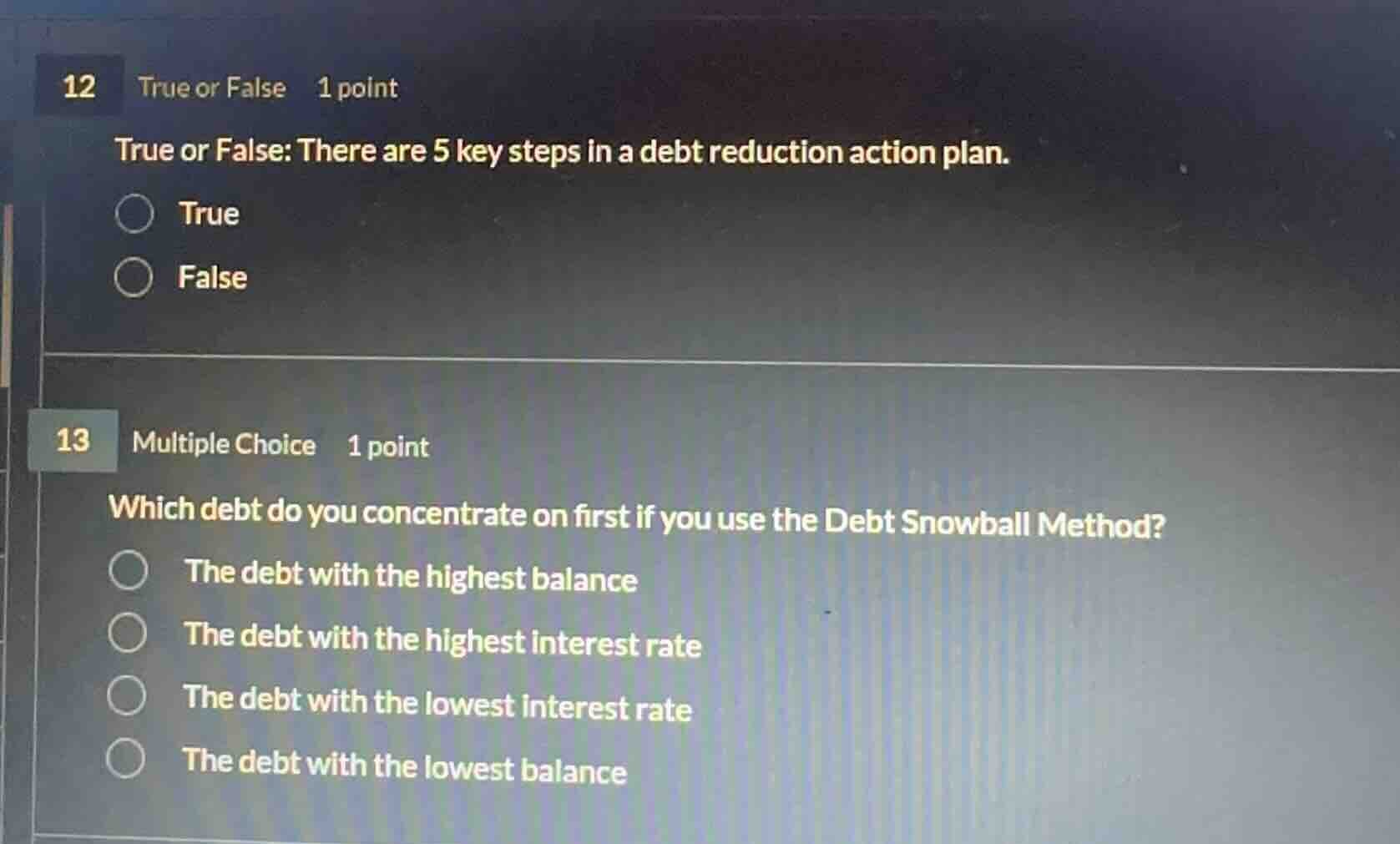12 true or false 1 point true or false: there are 5 key steps in a debt…