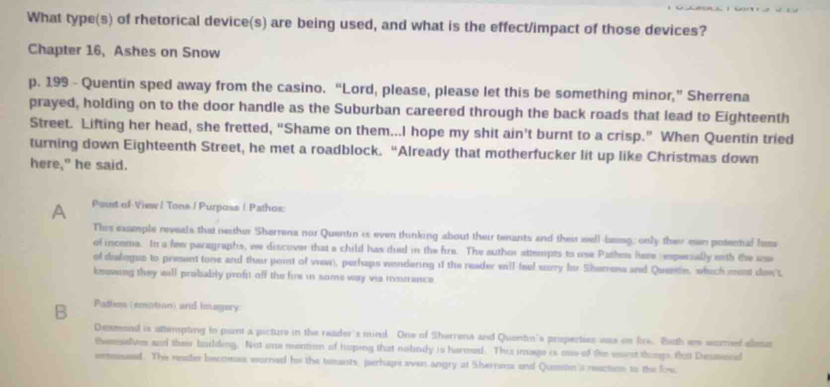 what type(s) of rhetorical device(s) are being used, and what is the ef…