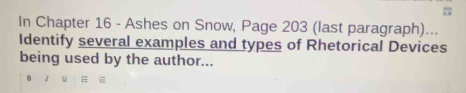 in chapter 16 - ashes on snow, page 203 (last paragraph)... identify se…