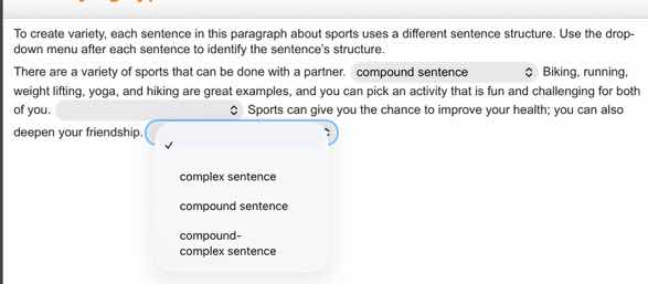 to create variety, each sentence in this paragraph about sports uses a …