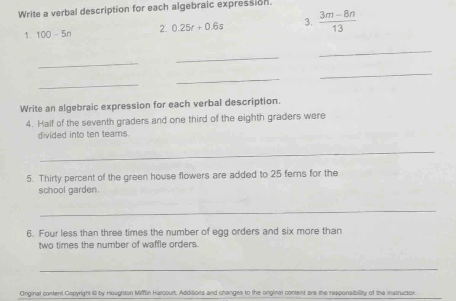 write a verbal description for each algebraic expression. 1. $100 - 5n$…