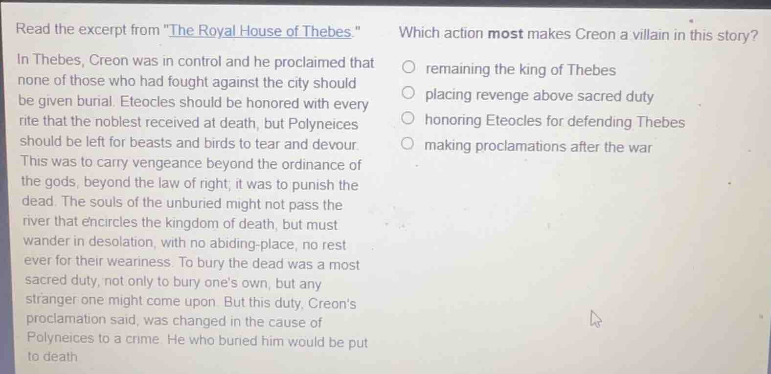 read the excerpt from \the royal house of thebes.\ in thebes, creon was…