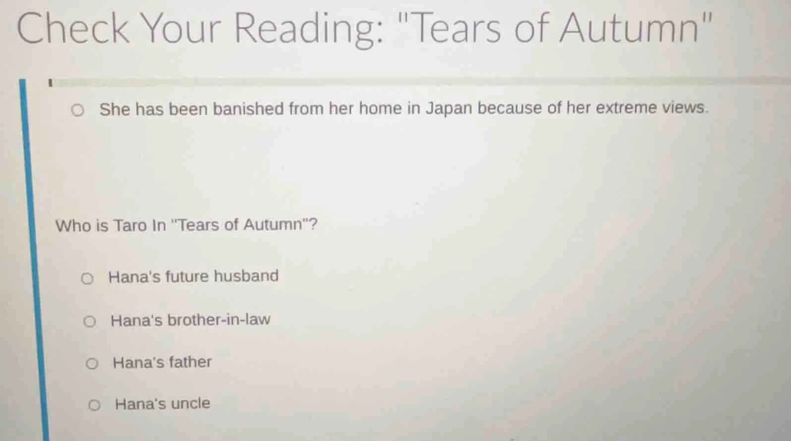 check your reading: \tears of autumn\ she has been banished from her ho…