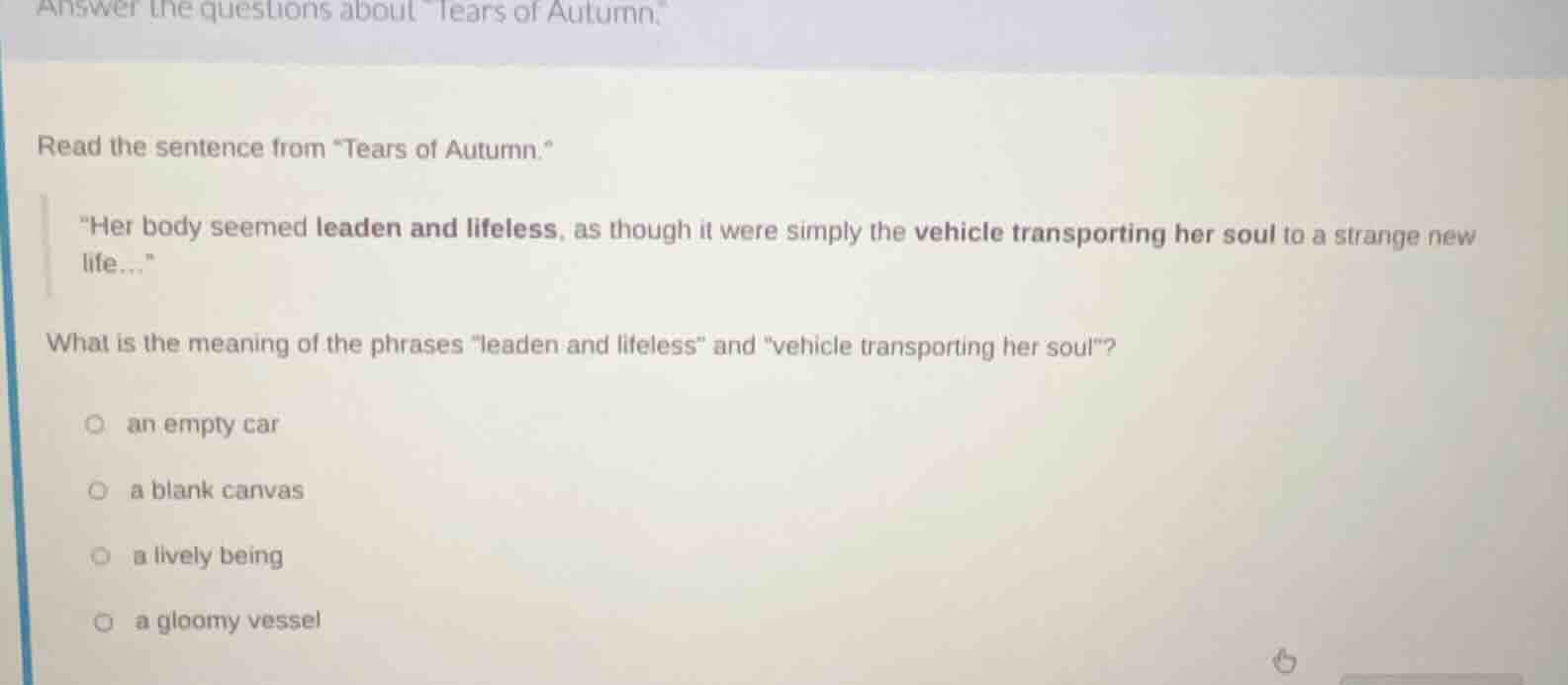 answer the questions about \tears of autumn.\ read the sentence from \t…