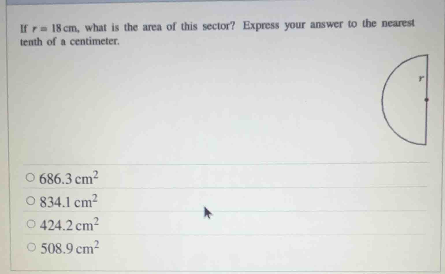 if $r = 18$ cm, what is the area of this sector? express your answer to…