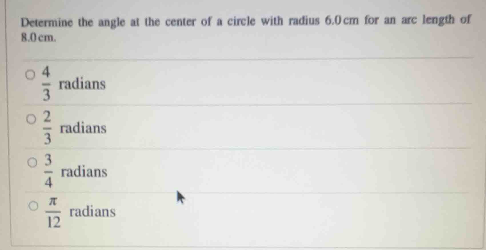 determine the angle at the center of a circle with radius 6.0 cm for an…