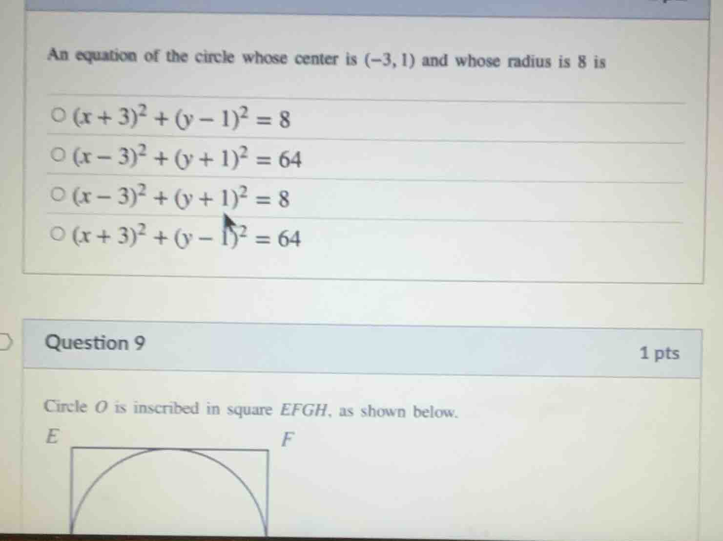 an equation of the circle whose center is (-3, 1) and whose radius is 8…