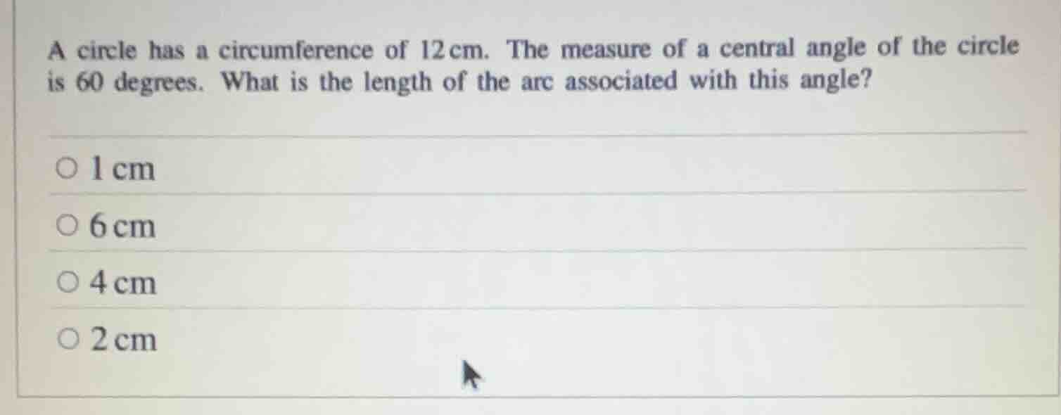 a circle has a circumference of 12cm. the measure of a central angle of…