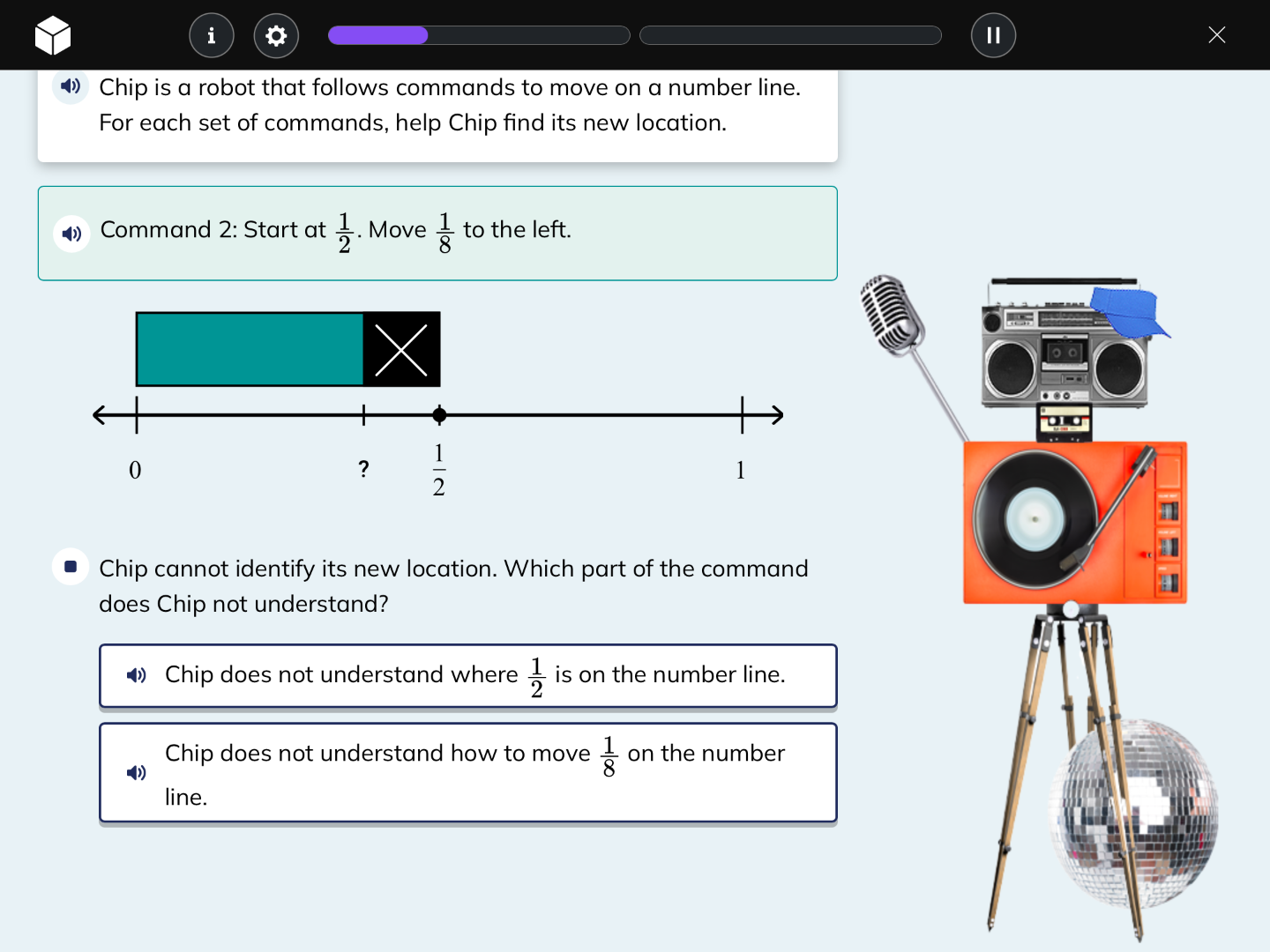 chip is a robot that follows commands to move on a number line. for eac…