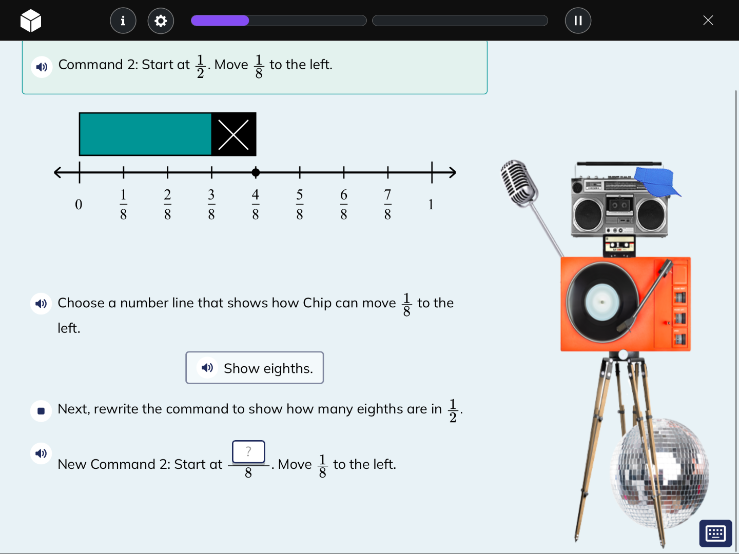 command 2: start at \\(\\frac{1}{2}\\). move \\(\\frac{1}{8}\\) to the …