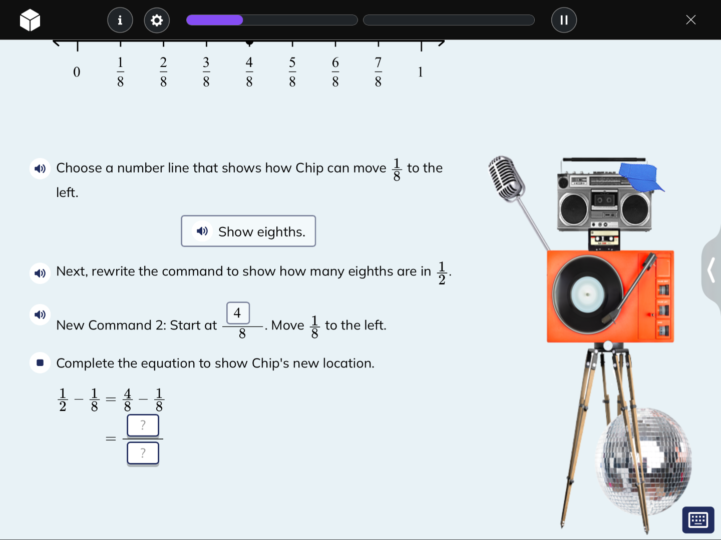 choose a number line that shows how chip can move \\(\\frac{1}{8}\\) to…