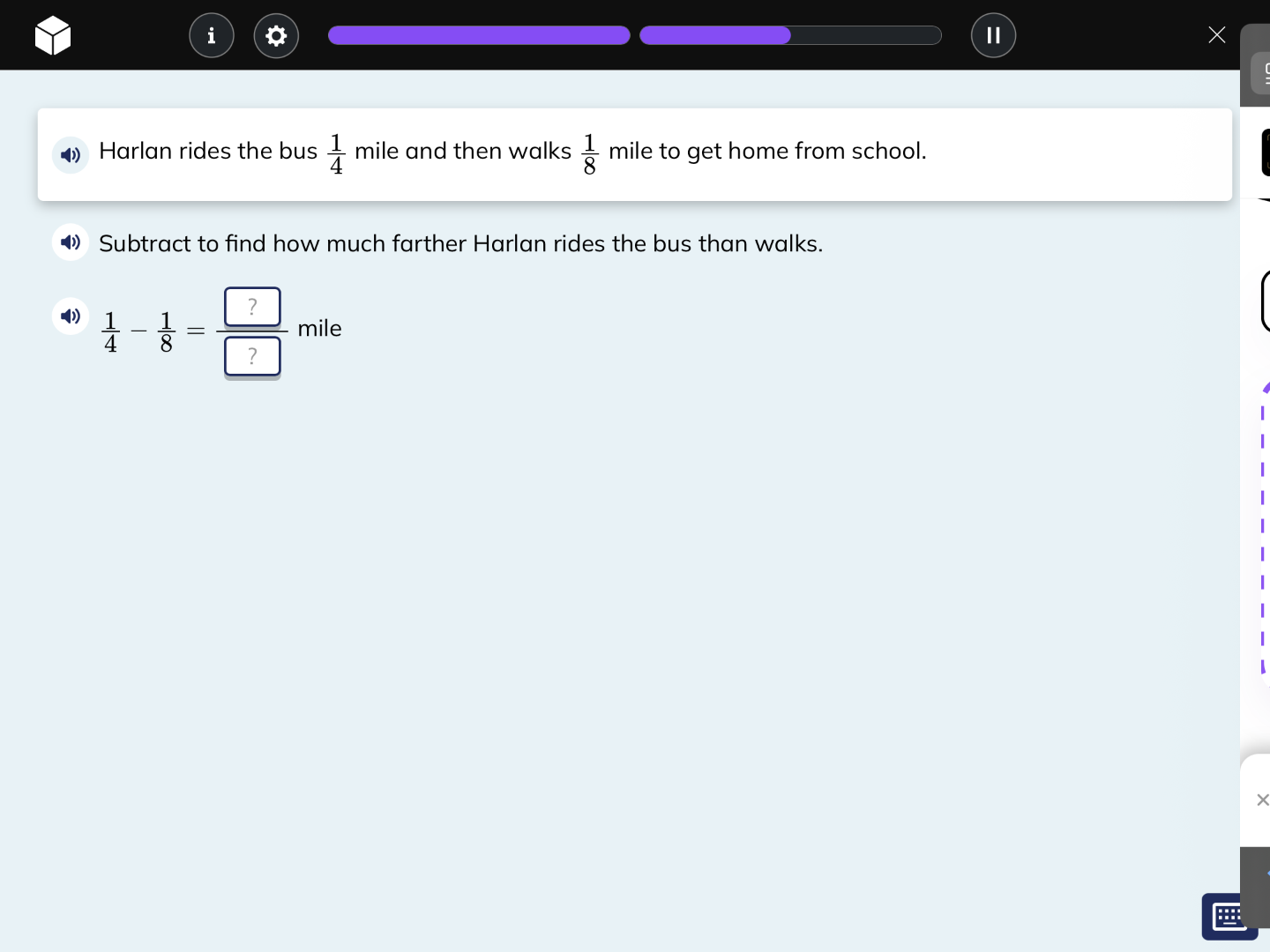 harlan rides the bus \\(\\frac{1}{4}\\) mile and then walks \\(\\frac{1…