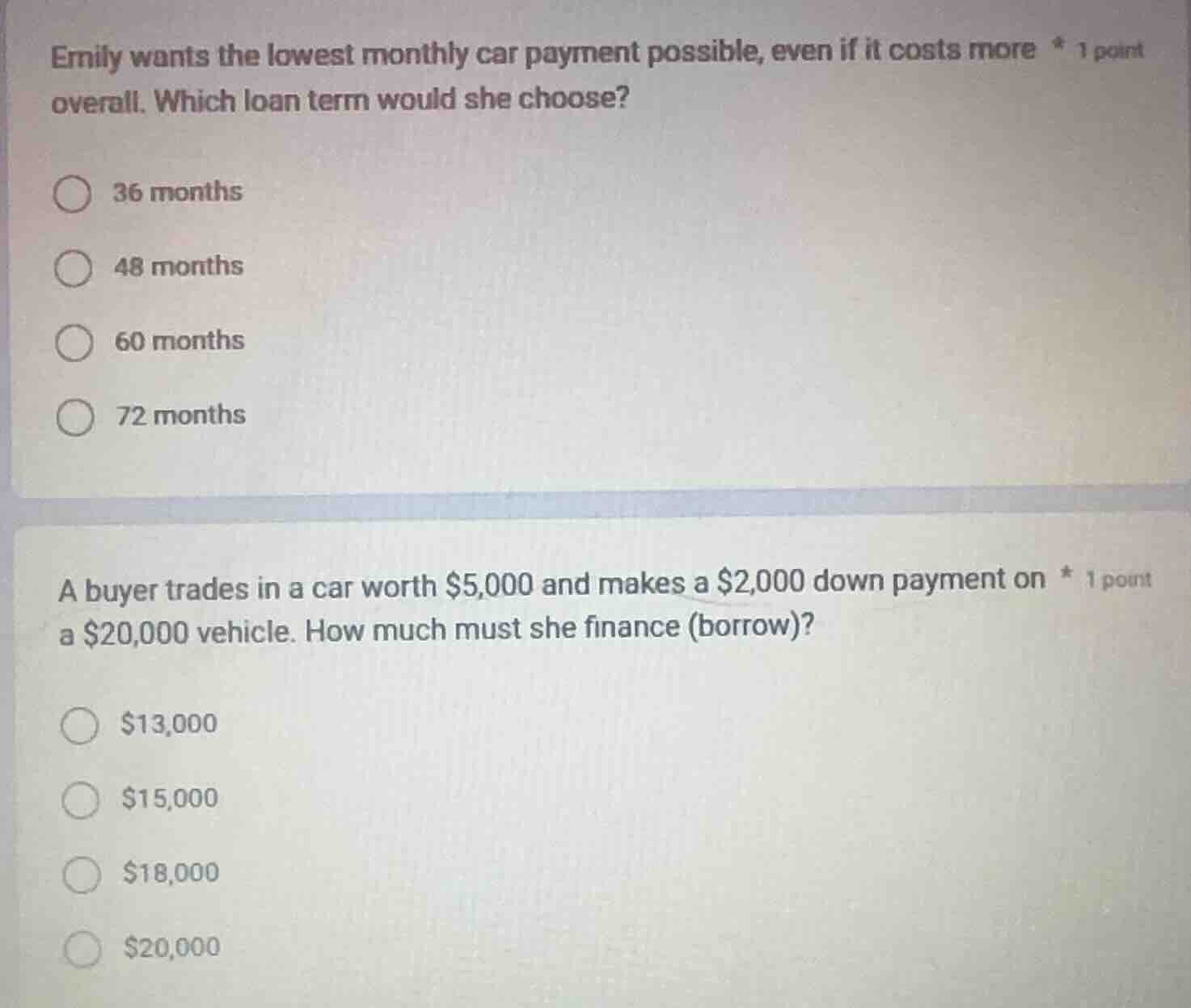 emily wants the lowest monthly car payment possible, even if it costs m…