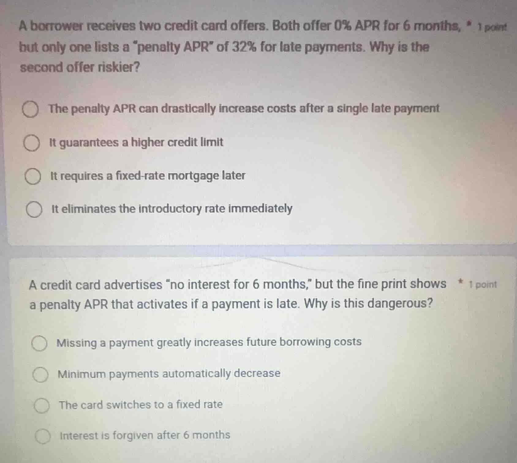 a borrower receives two credit card offers. both offer 0% apr for 6 mon…