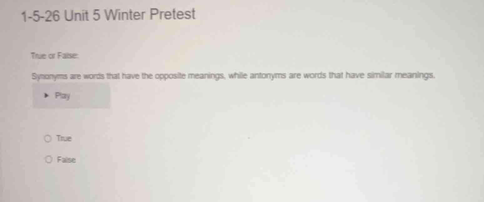 1-5-26 unit 5 winter pretest true or false: synonyms are words that hav…