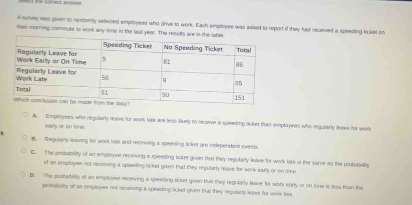 select the correct answer. a survey was given to randomly selected empl…