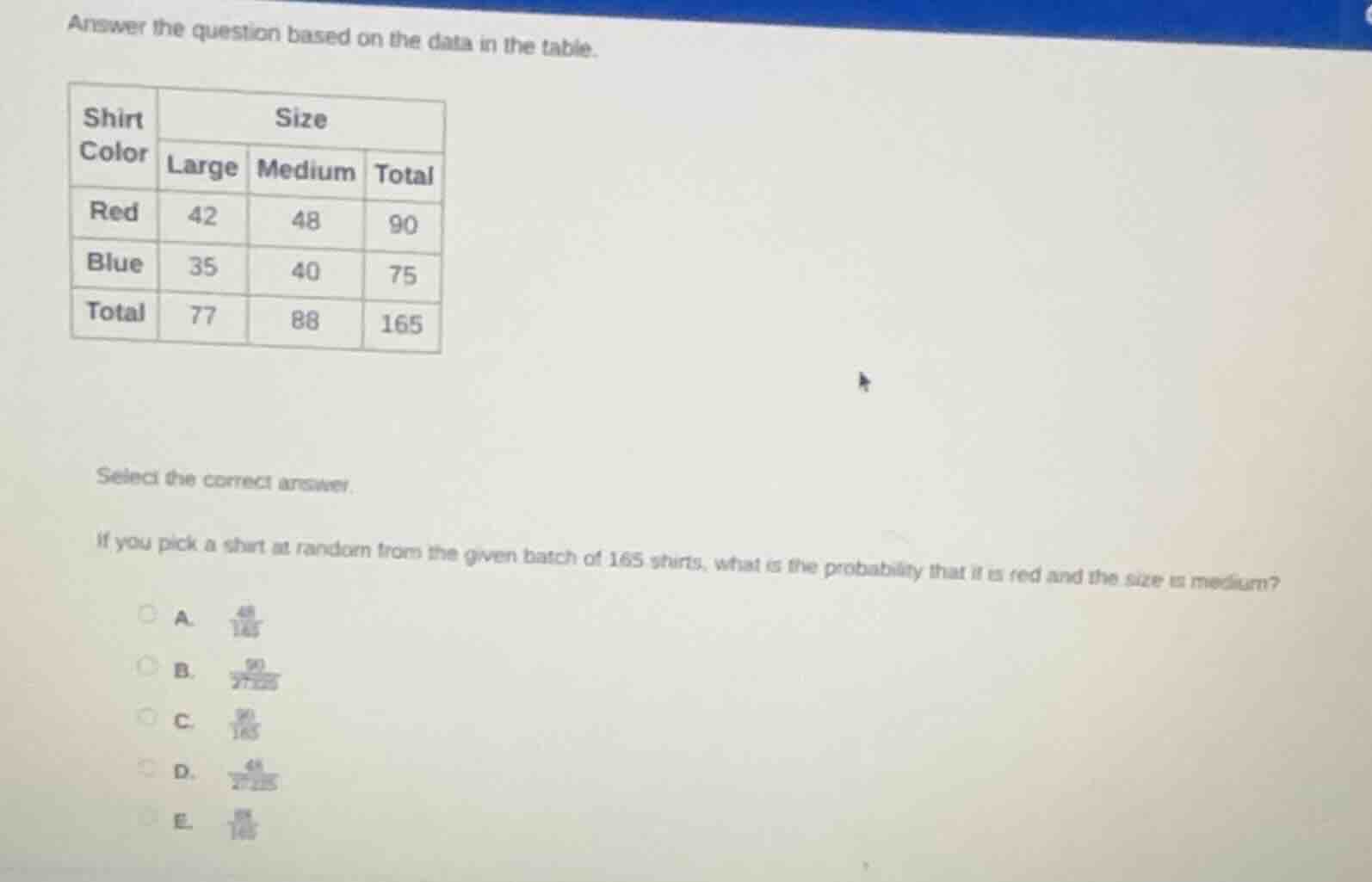 answer the question based on the data in the table. | shirt color | siz…