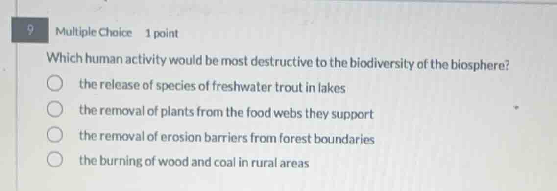 9 multiple choice 1 point which human activity would be most destructiv…