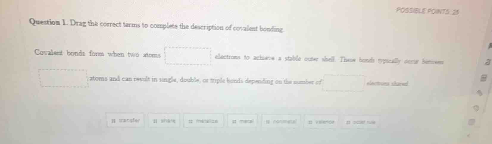question 1. drag the correct terms to complete the description of coval…
