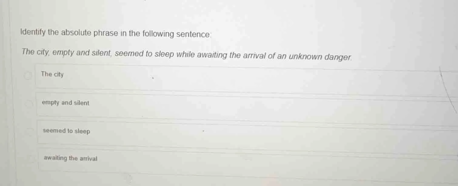 identify the absolute phrase in the following sentence: the city, empty…
