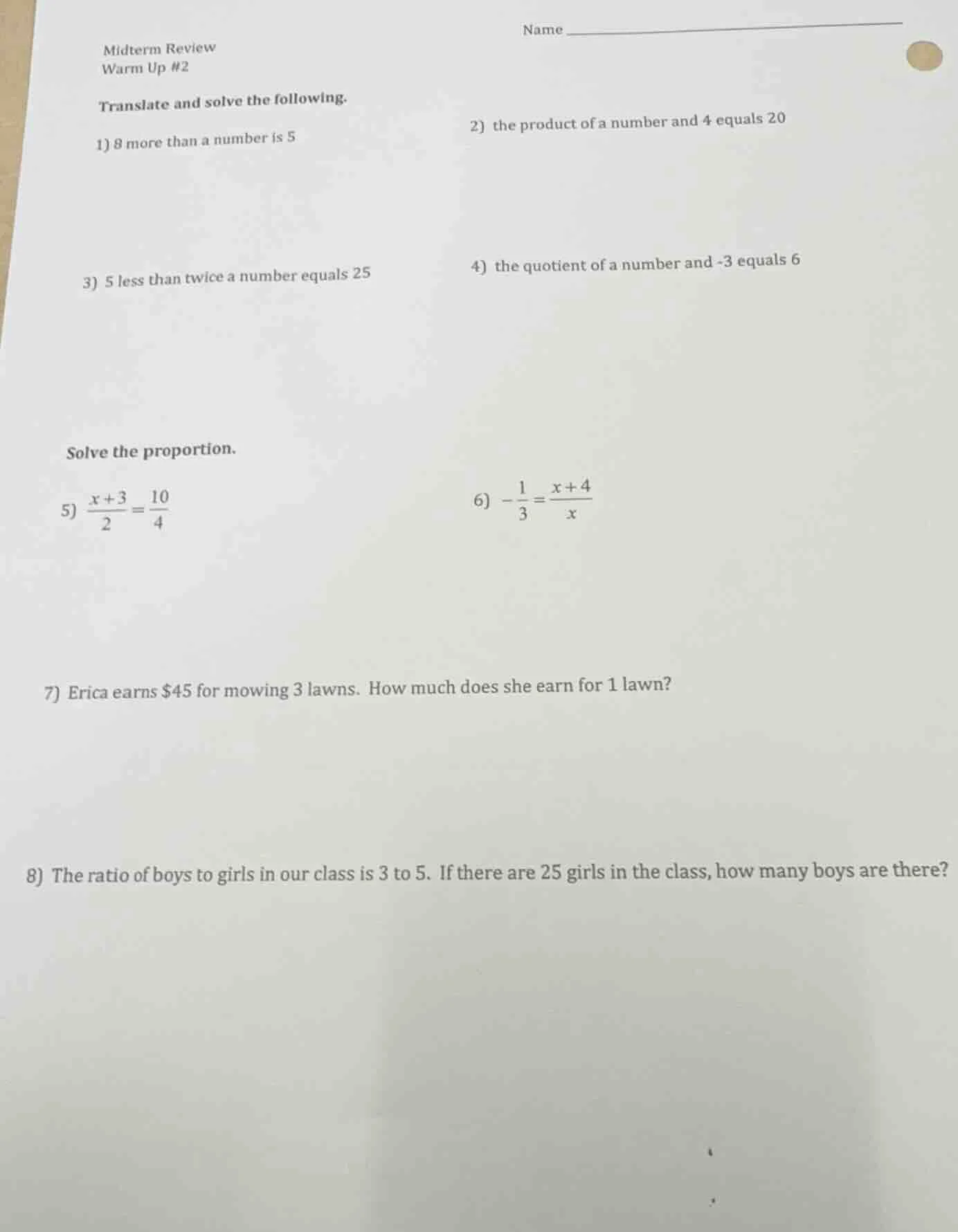 midterm review warm up #2 translate and solve the following. 1) 8 more …