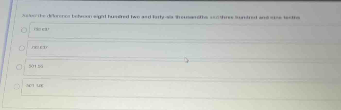 select the difference between eight hundred two and forty - six thousan…