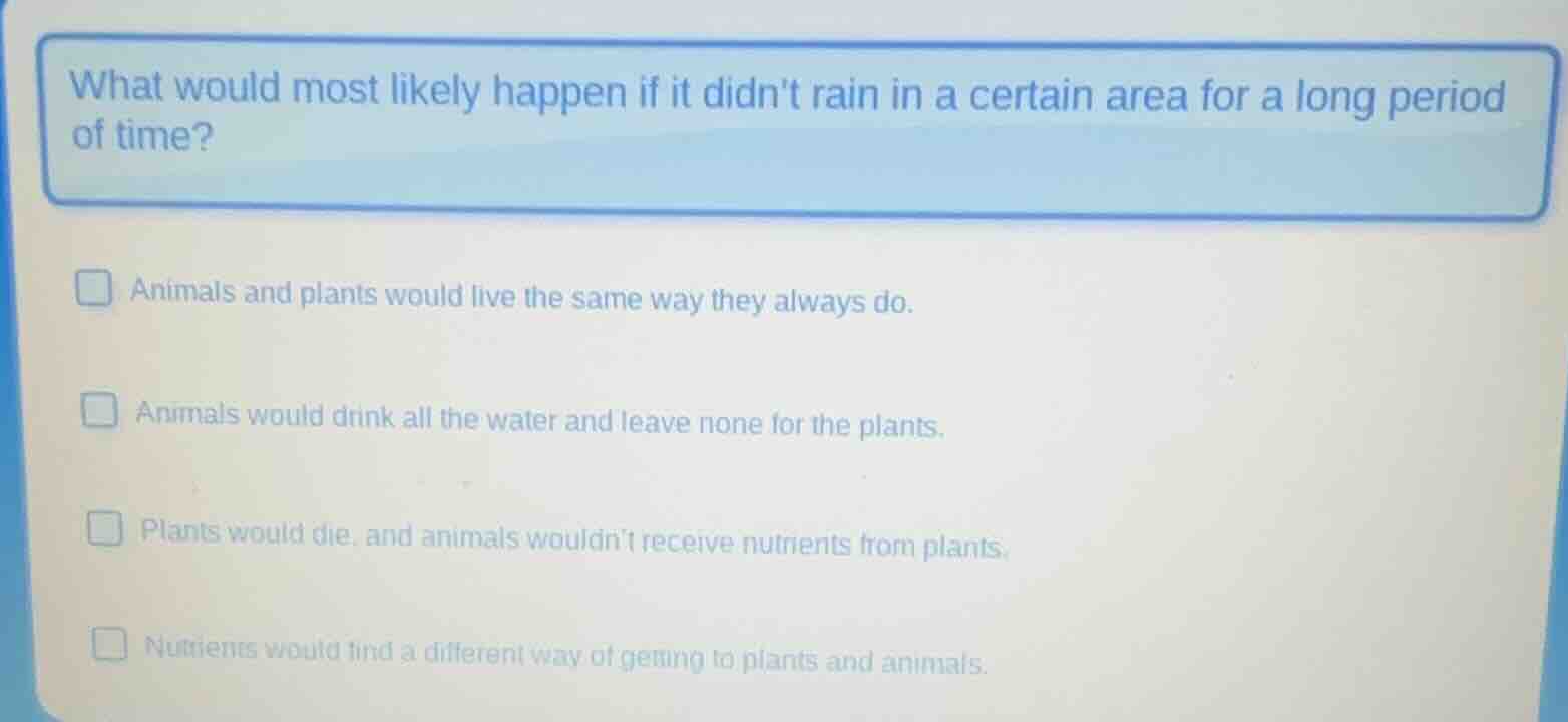what would most likely happen if it didnt rain in a certain area for a …