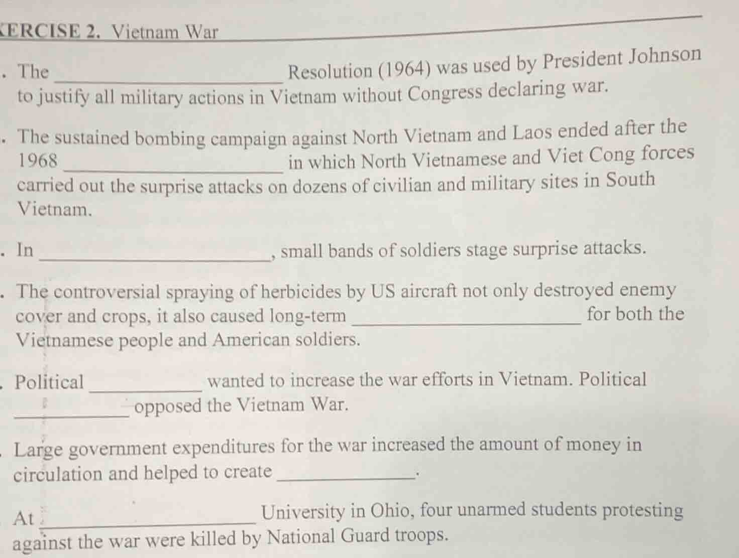 exercise 2. vietnam war 1. the ___________________ resolution (1964) wa…