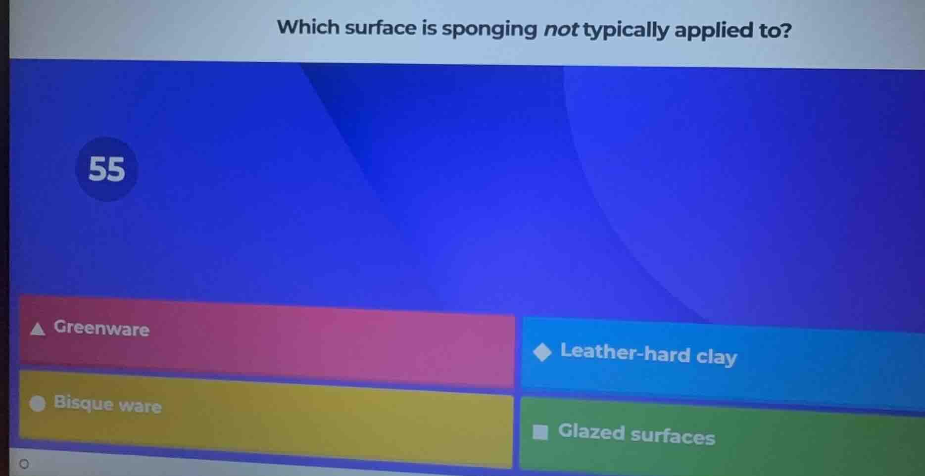 which surface is sponging not typically applied to? 55 greenware leathe…