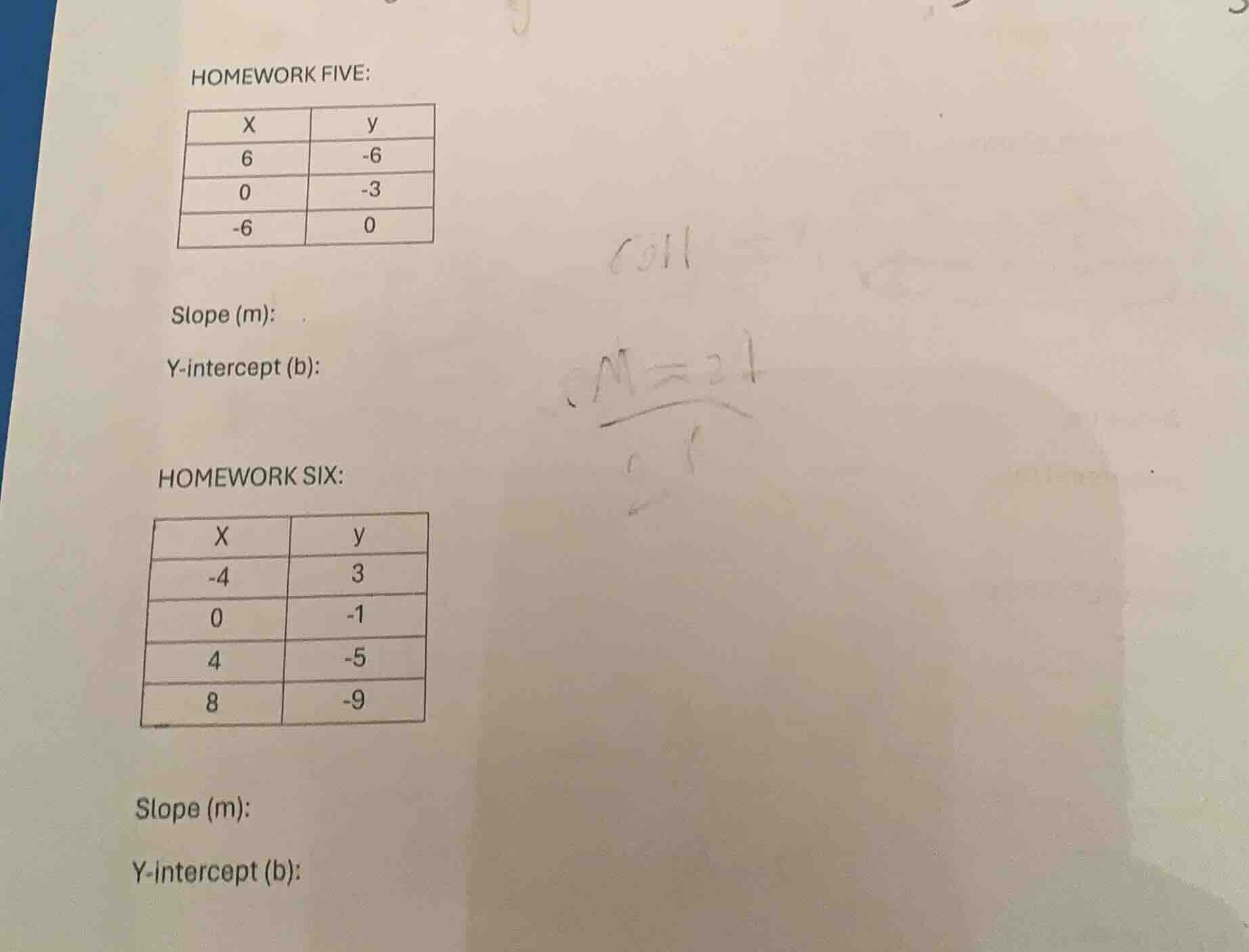 homework five: | x | y | | 6 | -6 | | 0 | -3 | | -6 | 0 | slope (m): y-…