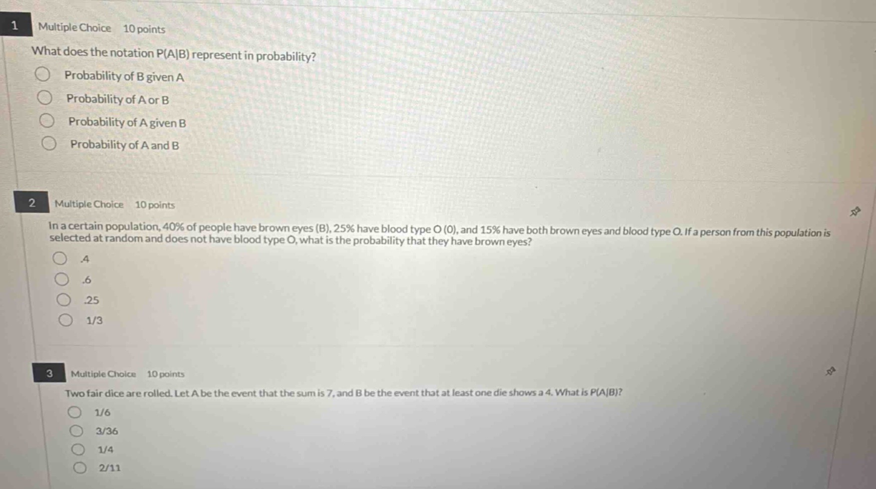 1 multiple choice 10 points what does the notation p(a|b) represent in …