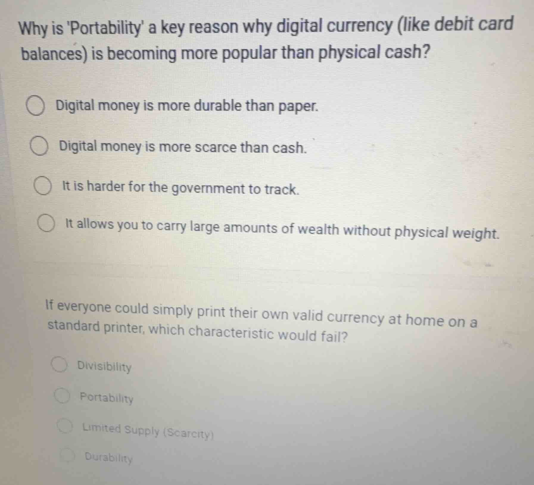 why is portability a key reason why digital currency (like debit card b…