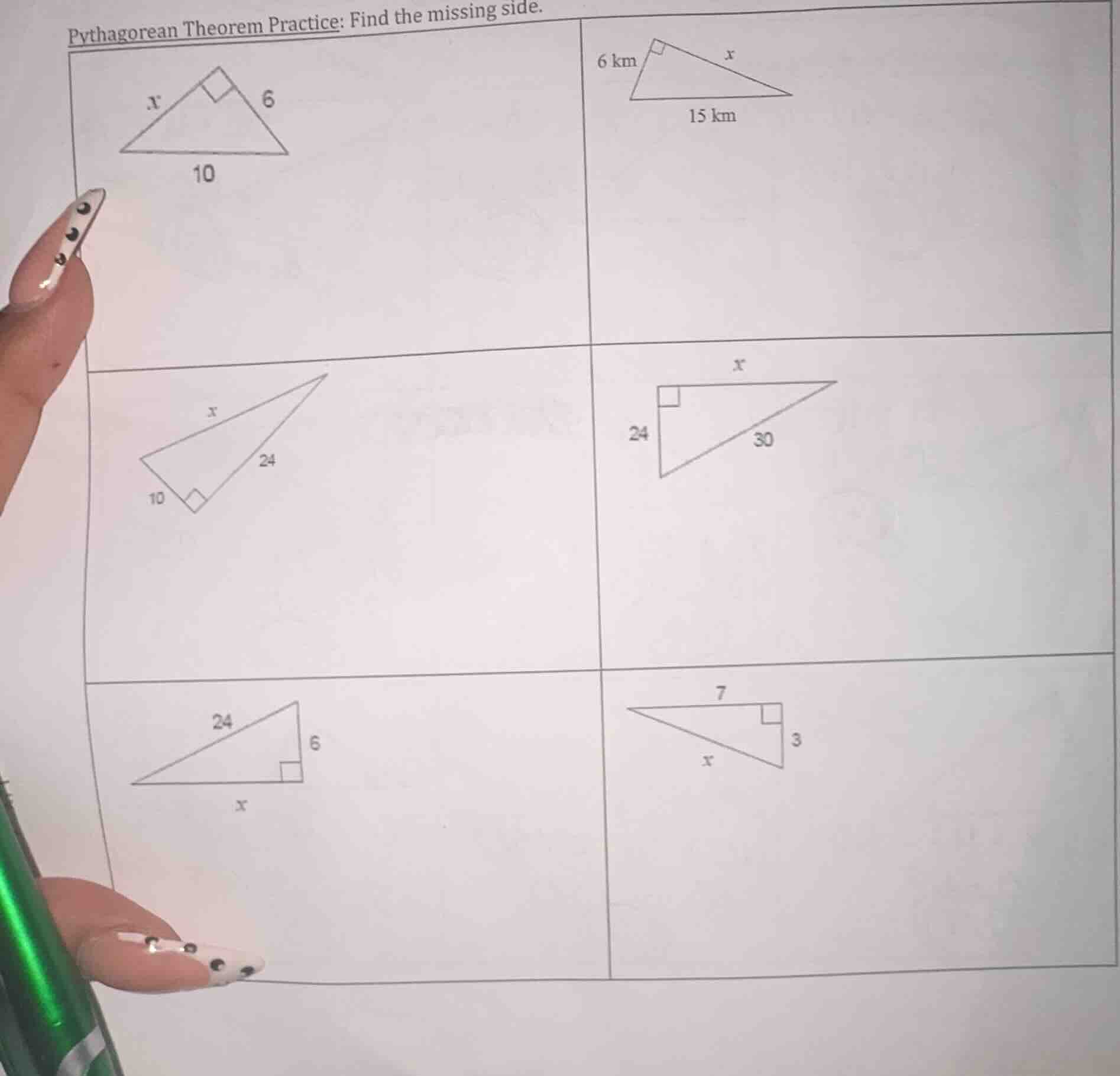 pythagorean theorem practice: find the missing side. (first triangle: r…