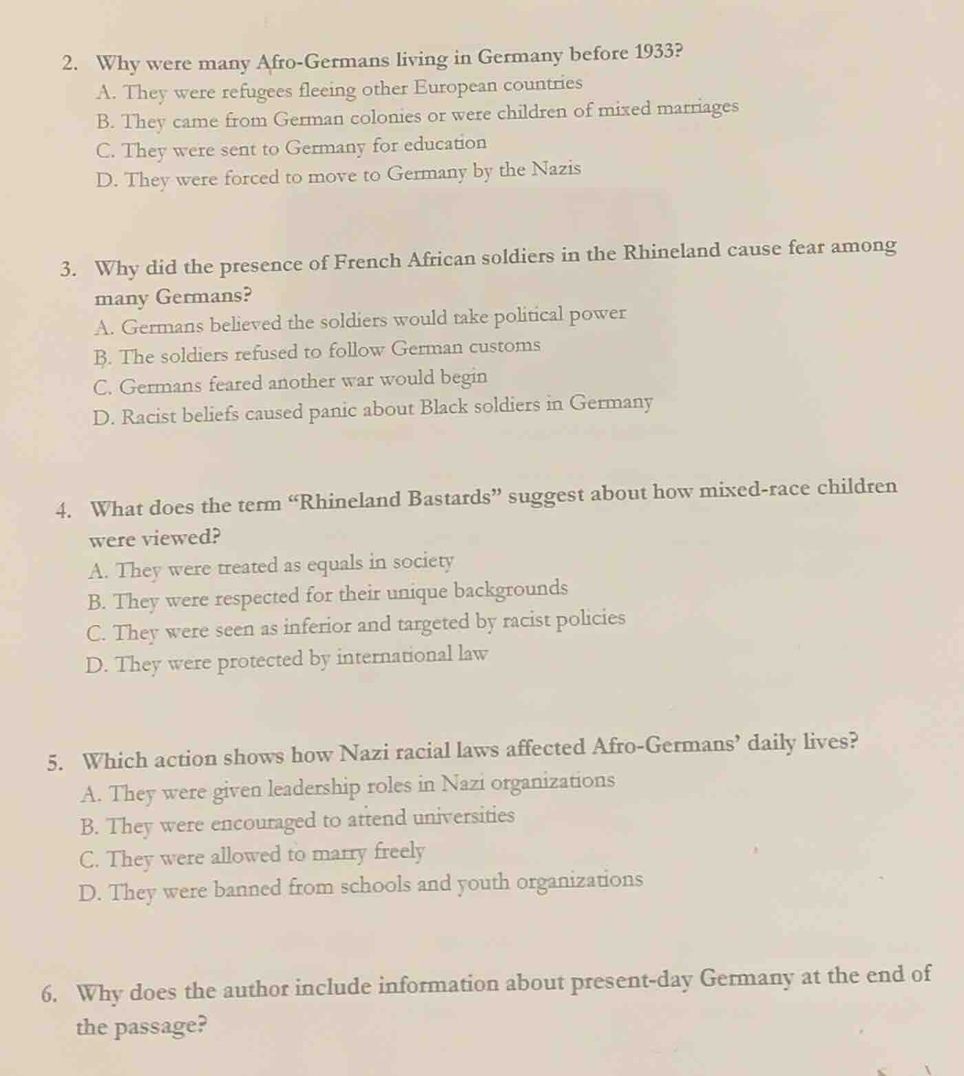 2. why were many afro - germans living in germany before 1933? a. they …