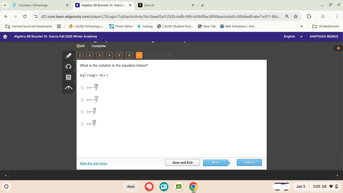 what is the solution to the equation below? \\(\\log 7 + \\log (x - 4) …