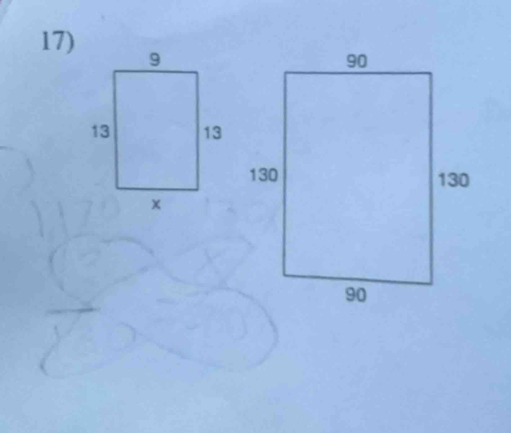 17) there are two rectangles. the first rectangle has a top side length…