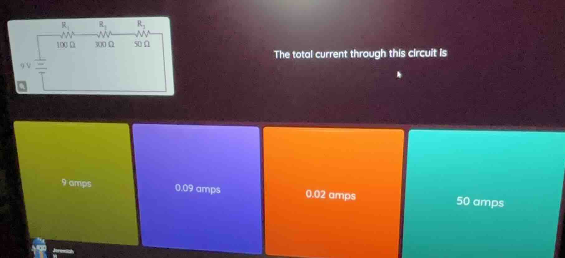 the total current through this circuit is 9v r₁ 100 ω r₂ 300 ω r₃ 50 ω …