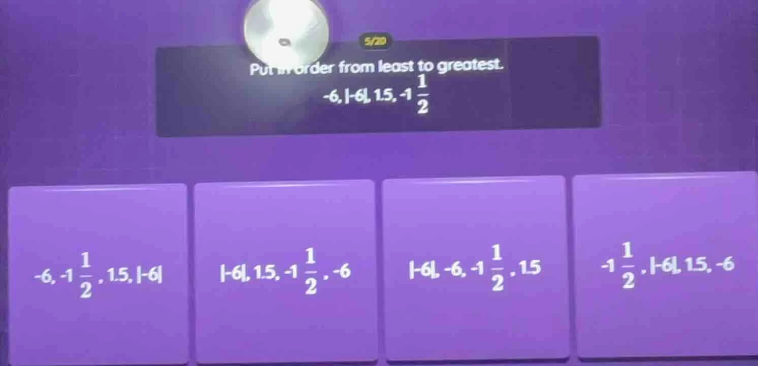 put in order from least to greatest. -6, |-6|, 1.5, -1\\frac{1}{2} \ -6…