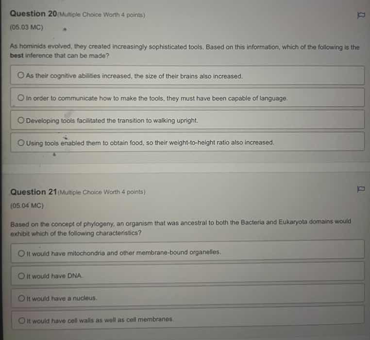 question 20 (multiple choice worth 4 points) (06.03 mc) as hominids evo…
