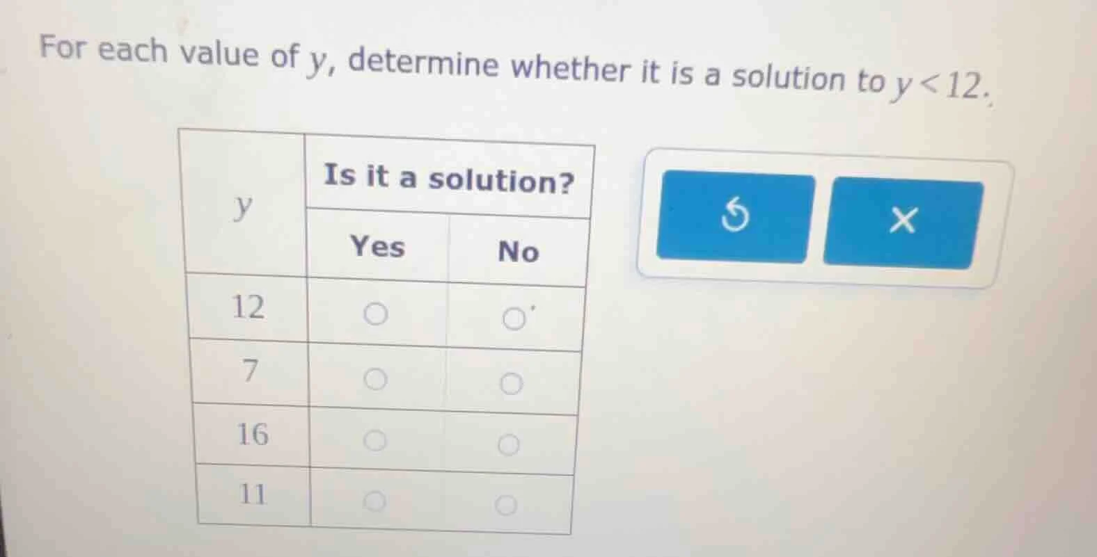 for each value of y, determine whether it is a solution to y < 12. | y …