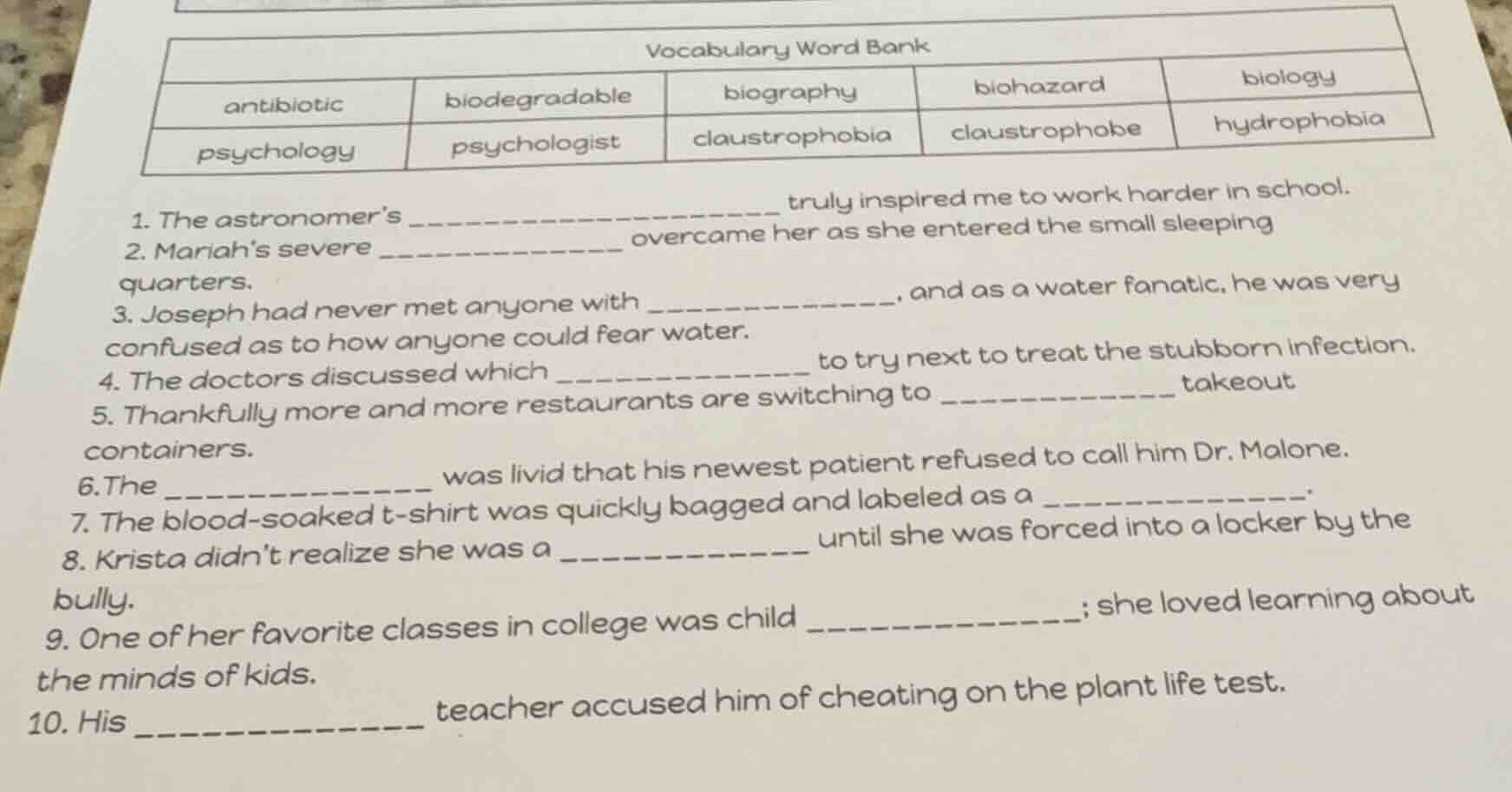 vocabulary word bank antibiotic biodegradable biography biohazard biolo…