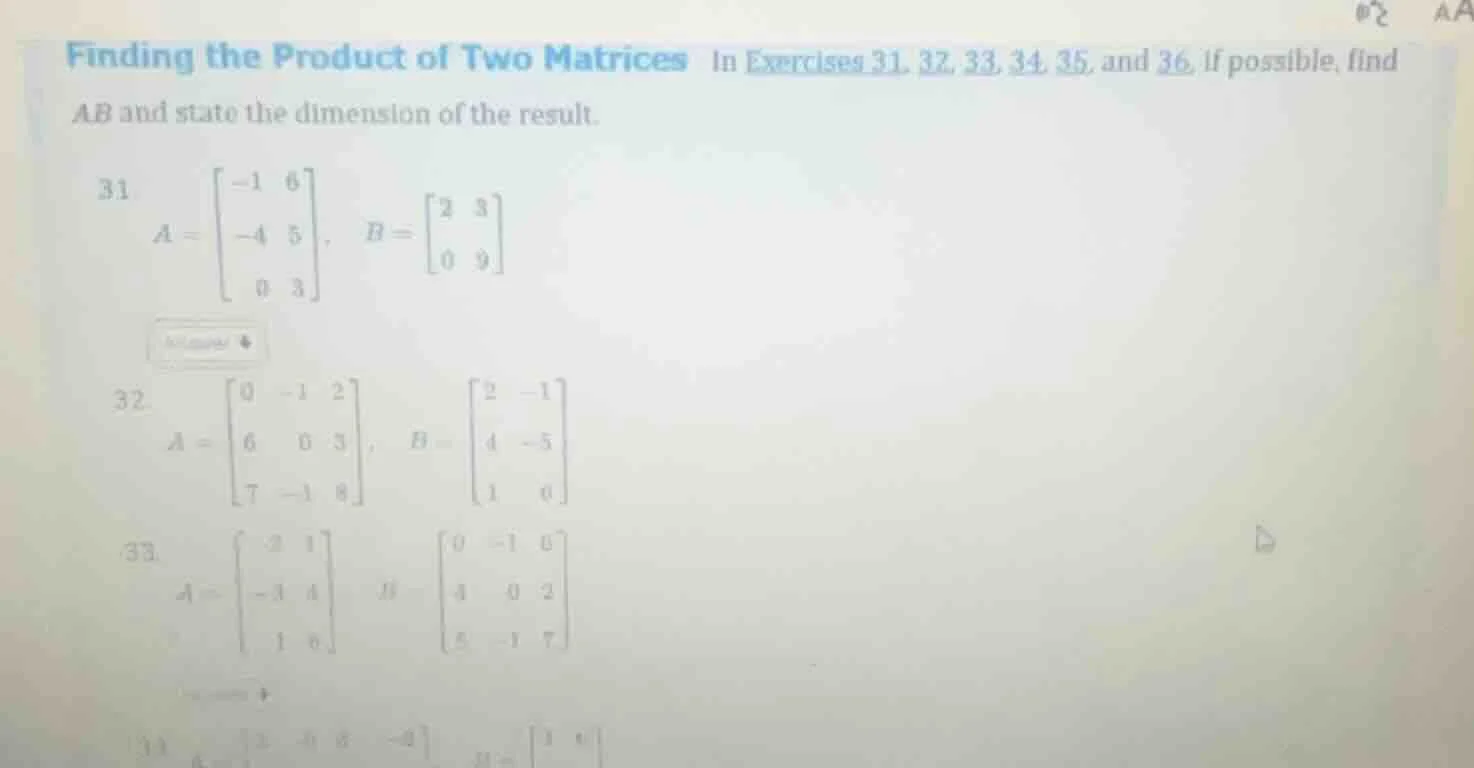 finding the product of two matrices in exercises 31, 32, 33, 34, 35, an…