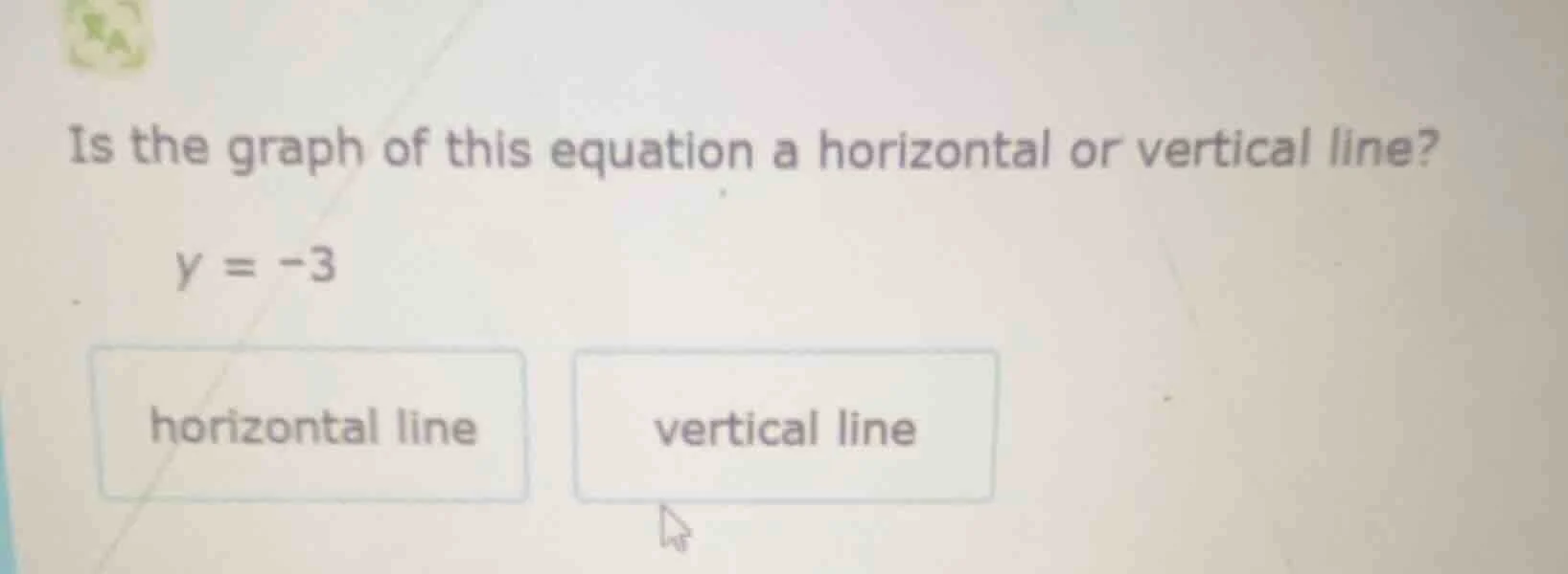 is the graph of this equation a horizontal or vertical line? y = -3 hor…