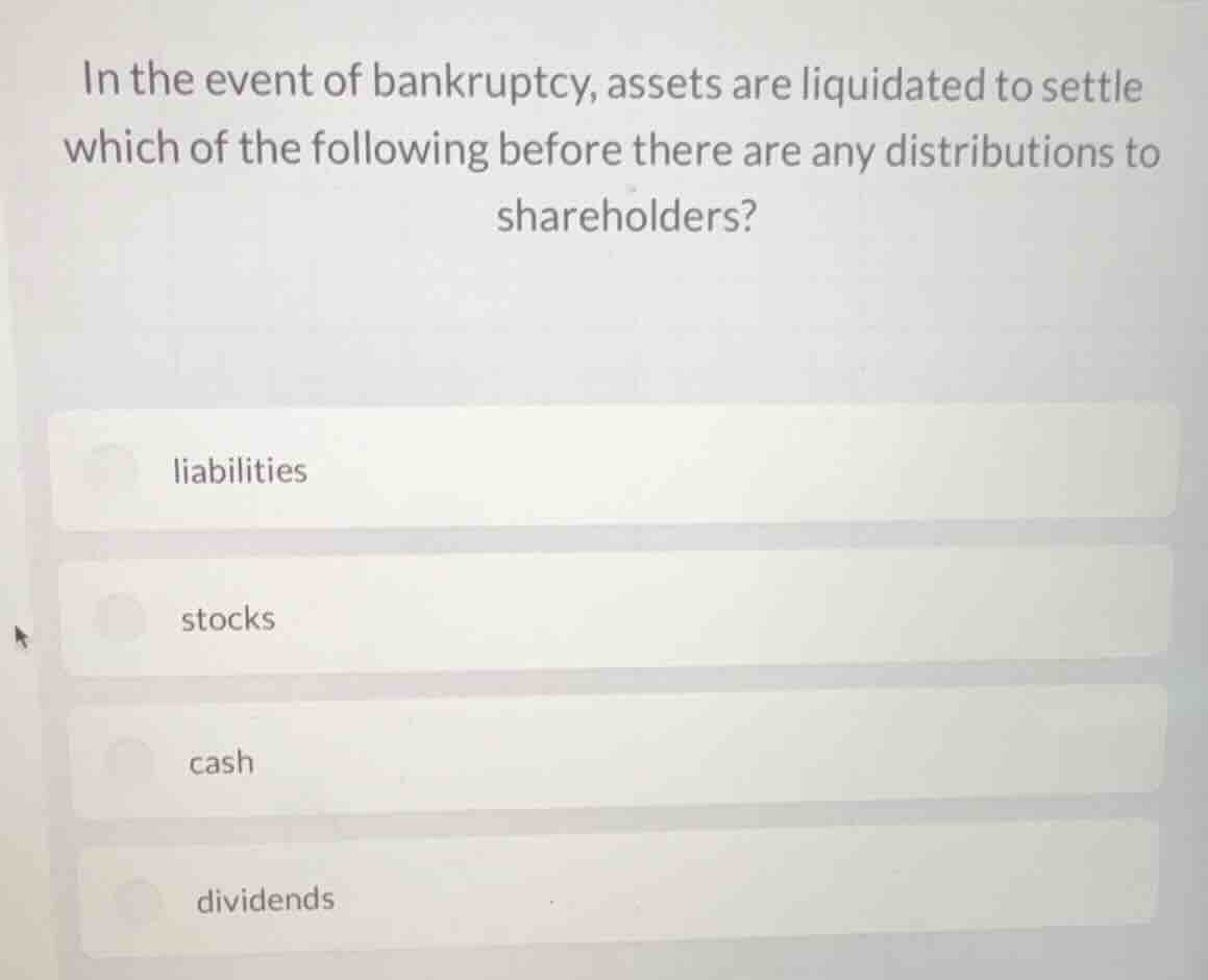 in the event of bankruptcy, assets are liquidated to settle which of th…