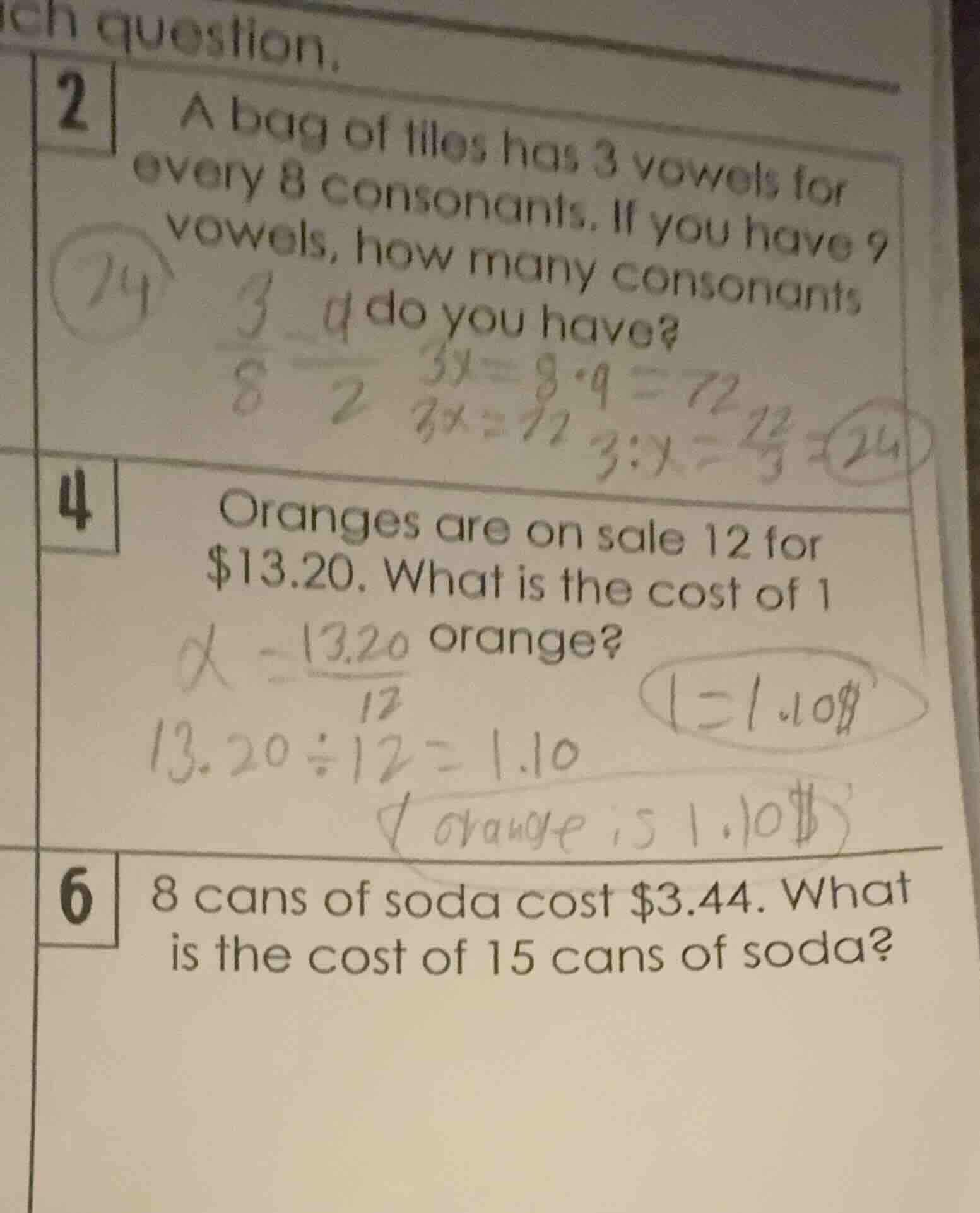 2 a bag of tiles has 3 vowels for every 8 consonants. if you have 9 vow…