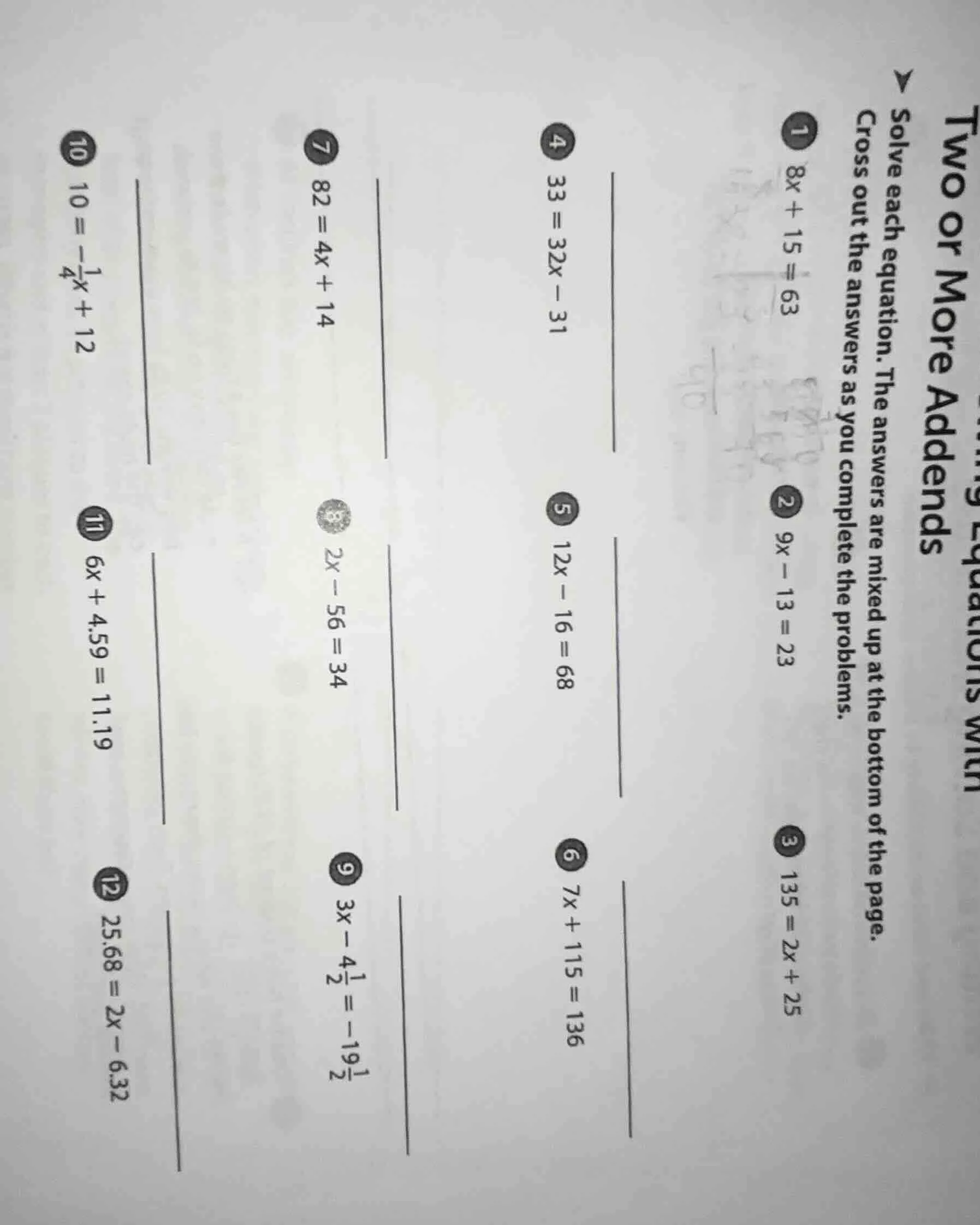 two or more addends solve each equation. the answers are mixed up at th…