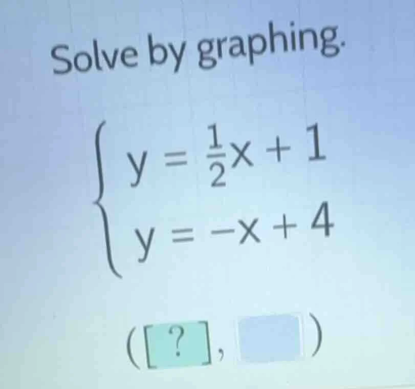 solve by graphing. \\begin{cases} y = \\frac{1}{2}x + 1 \\\\ y = -x + 4…