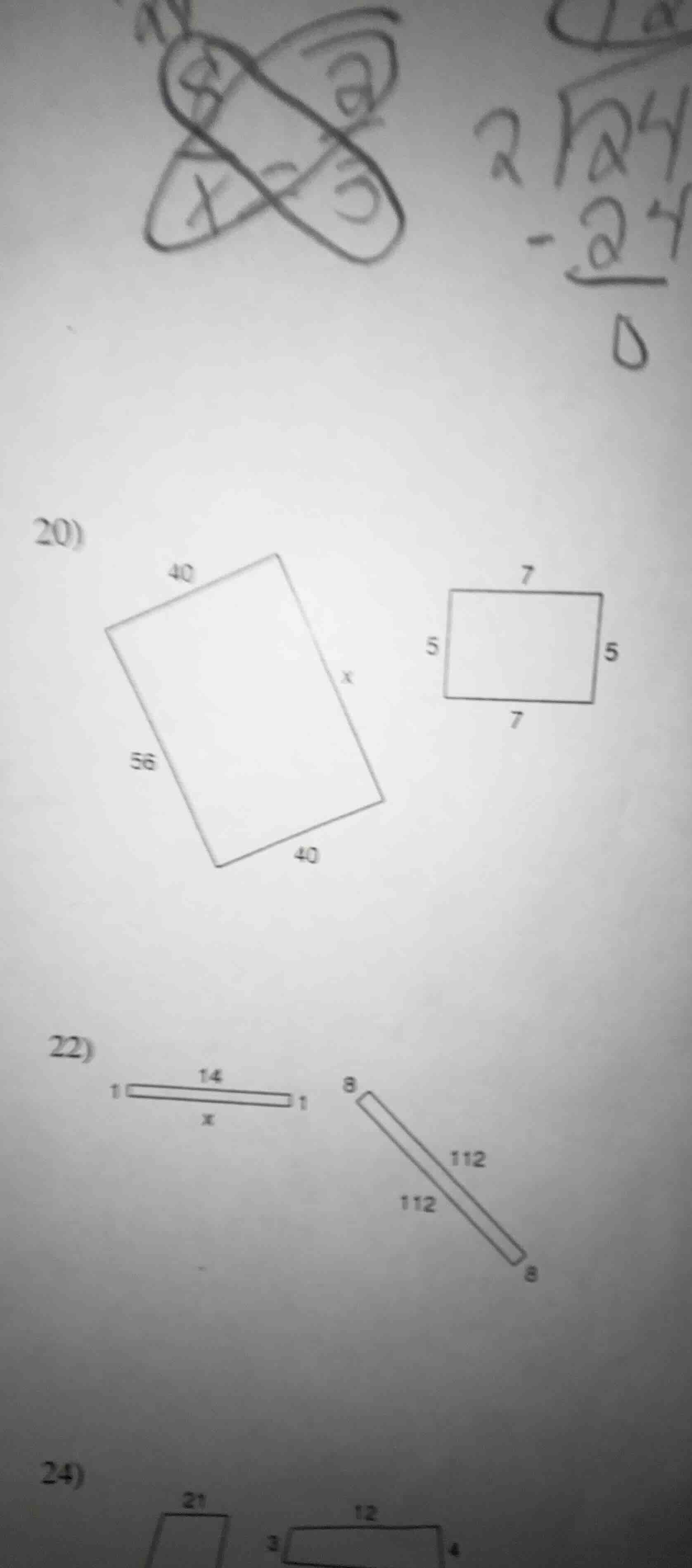 20) diagram of two rectangles: left rectangle with sides 40, 56, 40, x;…